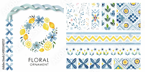 Watercolor floral arrangement with lemons leaves and decorative borders