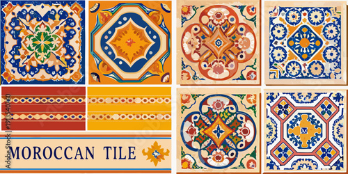 Colorful moroccan tiles arranged in a grid pattern with decorative text