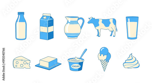 Dairy product illustrations in two rows milk cheese cow and ice cream items