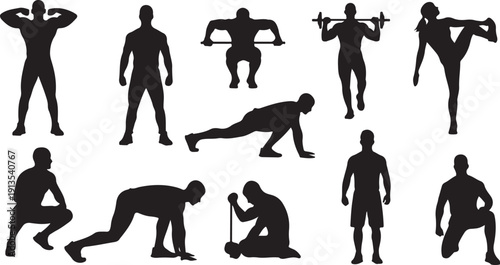 Silhouettes of people exercising in various fitness poses and movements