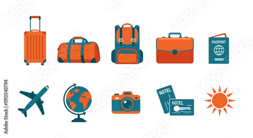 Flat design icons depicting travel luggage transportation and vacation items