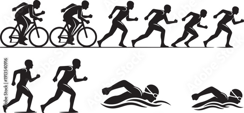 Triathlete Silhouette Running Cycling Swimming Fitness Icons Set