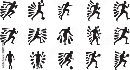 Collection of black silhouettes of athletes in various sports actions