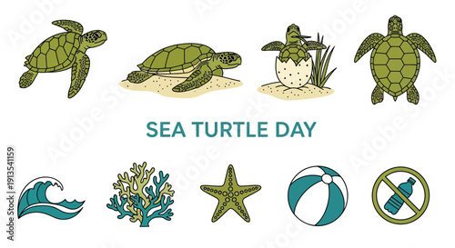 Sea Turtle Day graphic with sea life icons and antiplastic symbol