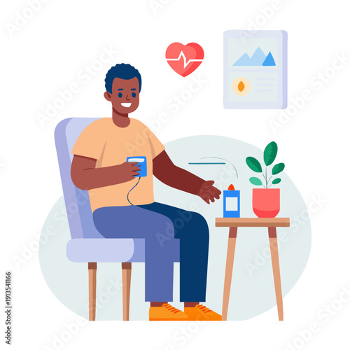 Illustration of dark skinned man sitting on a chair, smiling while checking his blood pressure with an automatic monitor. Includes health icons and heart rate display in a modern interior setting.
