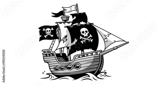 Pirate Ship with Jolly Roger Flags Sailing on Wavy Sea, Black and White Illustration