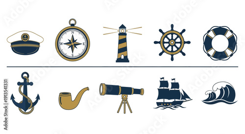 Ten nauticalthemed icons arranged in two horizontal rows on a white background