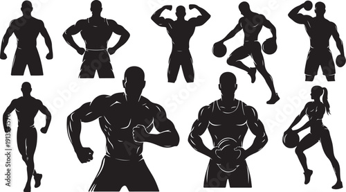 Silhouettes of athletes in various sports poses and actions