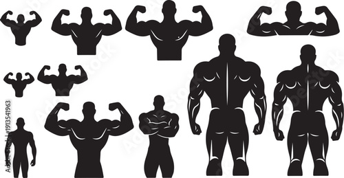 Silhouettes of muscular men in various poses and sizes