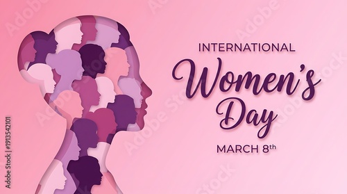 International women's day with abstract female silhouettes in profile inside head shape, pink gradient background, festive typography, March 8th celebration