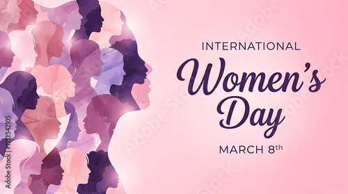 International women's day graphic with silhouette heads and pink background celebrating woman's day on March eighth showing unity diversity and empowerment