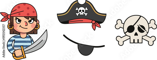 Pirate Adventure Set Featuring a Cute Girl Pirate with Sword Captain Hat with Skull and Crossbones and Eyepatch Illustration