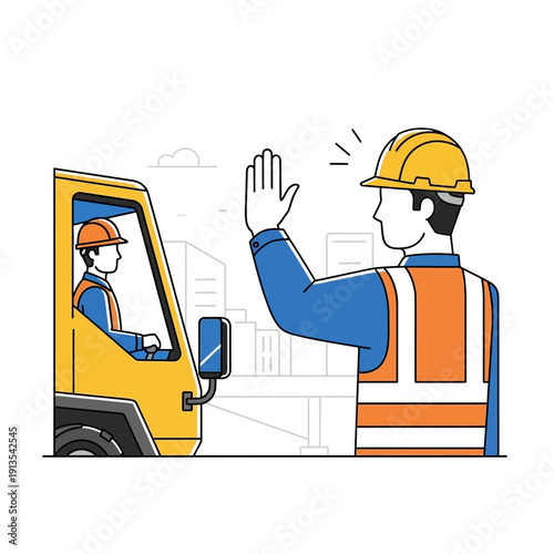 Safety Communication: Construction Worker Directing Truck Driver with Hand Signal. Industrial Job Site Protocol Vector Illustration.