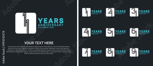 anniversary logo set with circle. white and blue color on black background for celebration moment