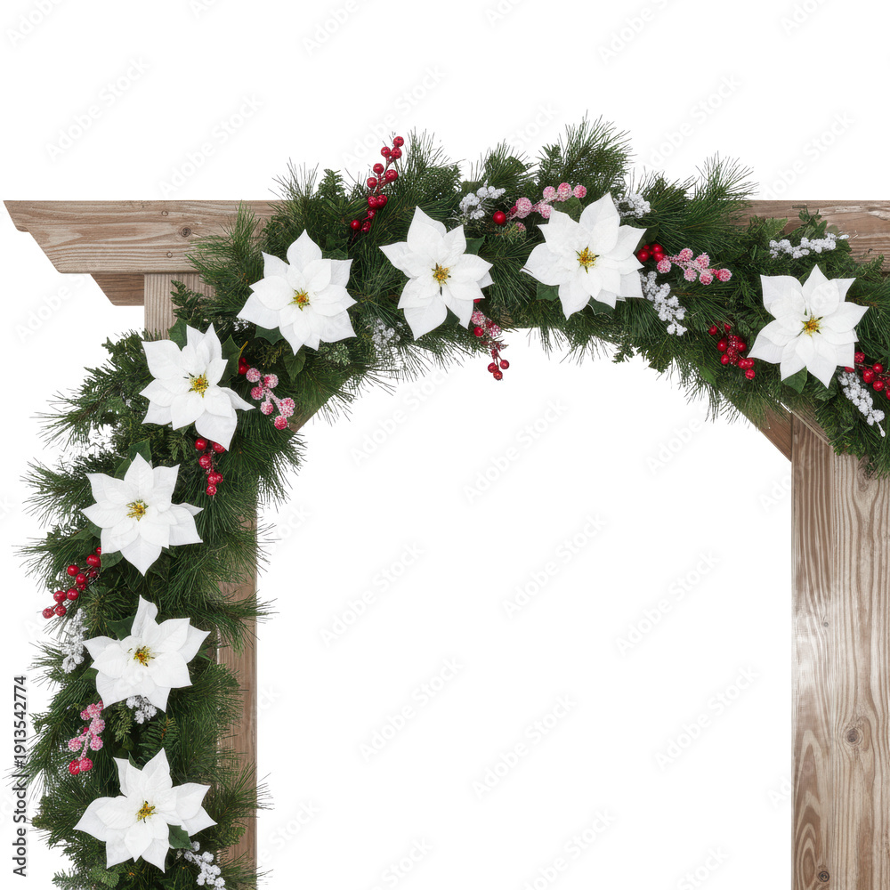 Fototapeta premium Christmas garland with poinsettias on wooden arch