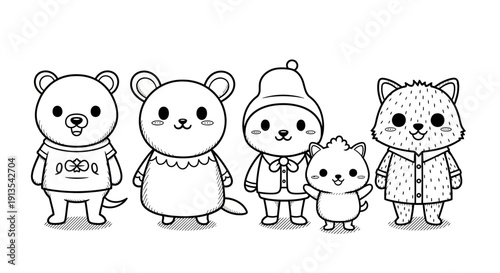 Adorable cartoon animals standing together in a cute illustration scene