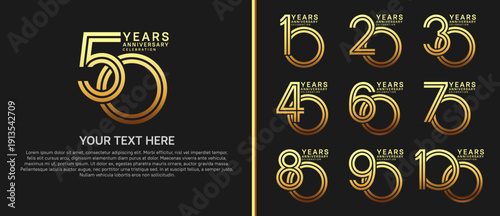 anniversary logo set multiple line style. gold color on black background for celebration moment