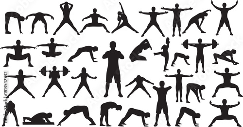Collection of black silhouettes of people exercising and stretching