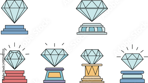 Luxurious Diamond Trophy Icon Set Featuring Large Sparkling Blue Diamonds on Elegant Pedestals and Award Stands Illustration