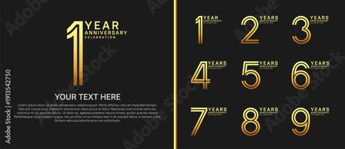 anniversary logo set multiple line style. gold color on black background for celebration moment