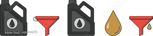 Motor Oil Maintenance Icon Set Featuring Black Plastic Canisters Red Funnel with Oil Drip and Golden Engine Lubricant Drop