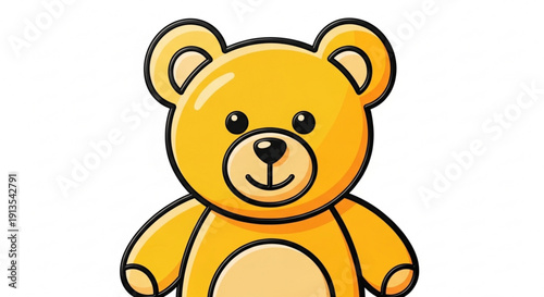 Smiling yellow cartoon teddy bear with black outline on white background cute and friendly