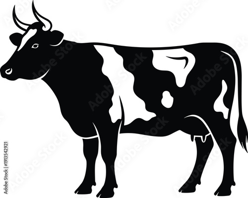 Black and white vector silhouette of a spotted dairy cow with horns standing in profile isolated on a plain white background