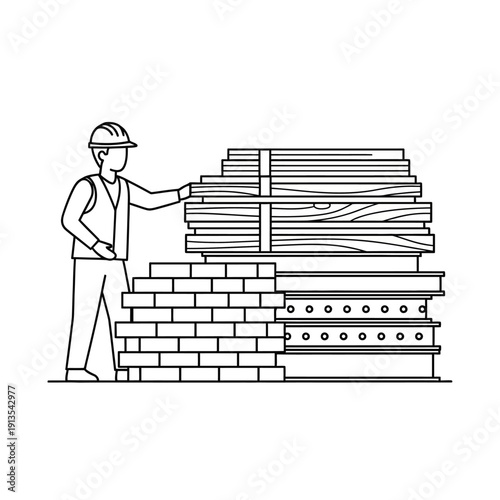 Construction Worker with Building Materials Stack Outline Icon. Hard Hat Laborer Managing Wood Planks, Brick Wall, and Steel Beams Line Art Illustration.