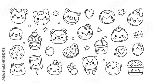 A collection of adorable cartoon animals and desserts in a playful illustration