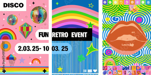 A vibrant triptych poster promoting a disco themed retro event