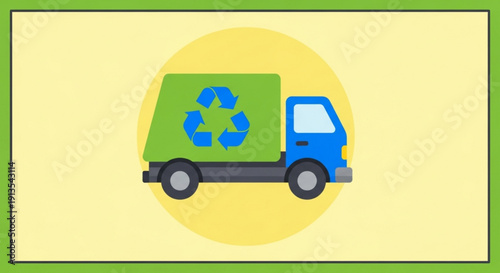 Recycling truck with green container and blue recycling symbol on yellow background