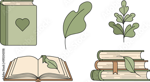 Eco Friendly Book Icon Set Featuring Green Hardcover Books with Heart Symbol Dried Leaf Bookmarks and Botanical Branches