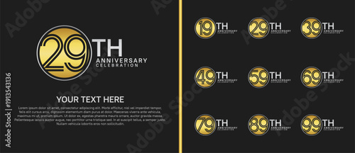 anniversary logo set with circle. gold and silver color on black background for celebration moment