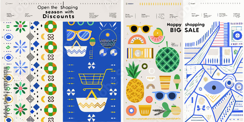 Colorful shopping sale illustrations with fruits sunglasses and summer motifs