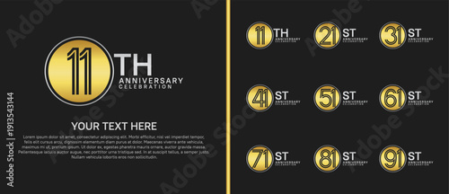 anniversary logo set with circle. gold and silver color on black background for celebration moment