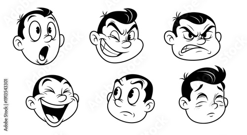 Cartoon Faces Expressing Emotions - Surprise, Mischief, Anger, Joy, Confusion, Sadness