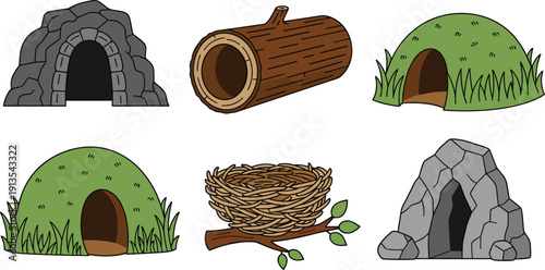 Animal Habitats Icon Set Featuring Stone Cave Hollow Log Grassy Burrow Underground Den Bird Nest and Rocky Mountain Shelter
