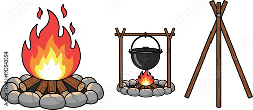 Campfire Cooking Set Featuring a Large Stone Ring Fire with Logs Black Cauldron Hanging over Flames and Wooden Tripod Stand