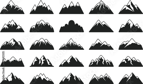 Mountain Silhouette Vector Icon Collection with Snow Capped Peaks, Black and White Alpine Landscape Set for Logo, Branding, Outdoor Adventure Design