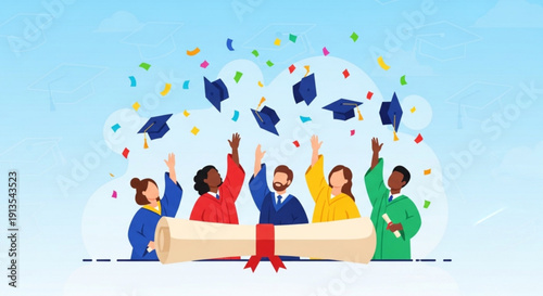 Diverse group of graduates celebrating with diplomas and confetti in the air on a sunny day