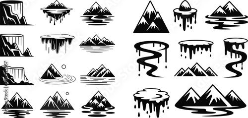 Mountain, River and Floating Island Vector Illustration Bundle, Black and White Nature Landscape Elements Collection for Logo, Tattoo, Outdoor and Adventure Design
