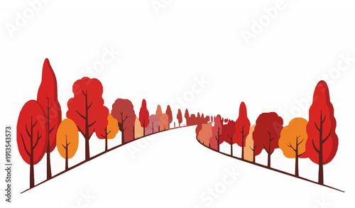 Colorful Autumn Road with Fall Trees Vector Illustration Isolated on White Background