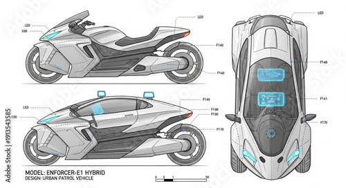 Futuristic Motorcycle Design Blueprint Technical Drawing.