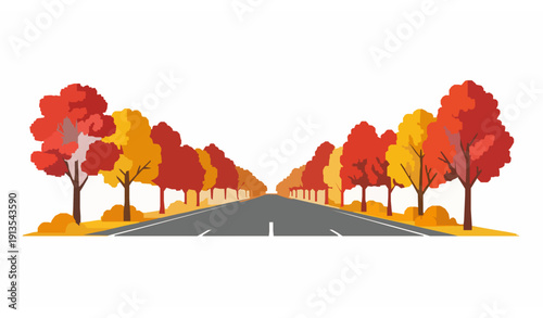 Autumn Roadside Trees Vector Landscape with Red and Orange Fall Foliage Isolated on White