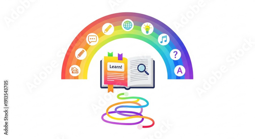 Colorful rainbow icon with book and learning symbols representing education and creativity