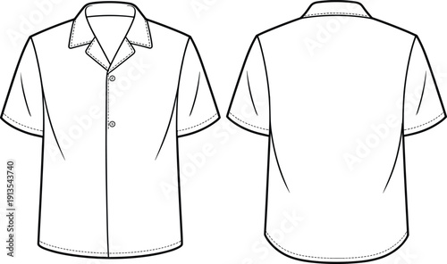 Short Sleeve Button Up Shirt Vector Template with Front and Back Views, Blank Apparel Mockup for Fashion Design, Technical Drawing Illustration Isolated on White Background