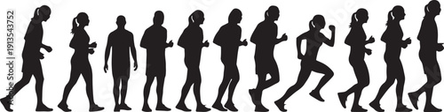 Silhouettes of people running and walking in a line