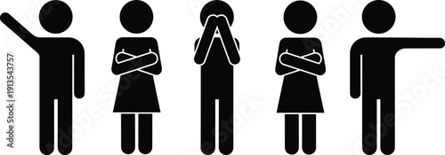 Diverse stick figures depicting social exclusion bullying and peer pressure with one person crying while others watch with indifference or hostility