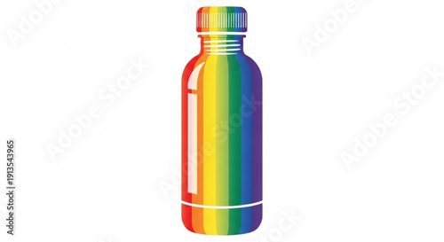 Vibrant rainbow colored reusable metal water bottle with screw on cap and white accents on plain background
