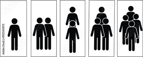 Growth of group business team or community population showing evolution from one person to a large crowd in vertical frames
